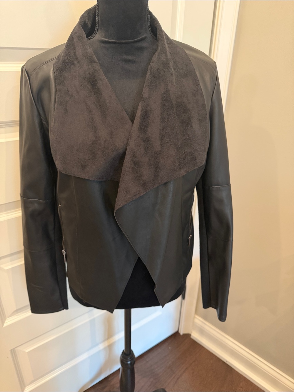 Women's Black Faux Leather Drape Collar Jacket